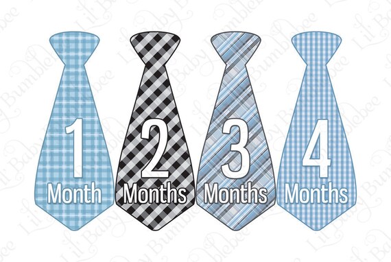 Tie Monthly Onesie Stickers - Ivan - All Boy Gingham and Plaids in Blue, Gray, and Black - Baby Month Stickers