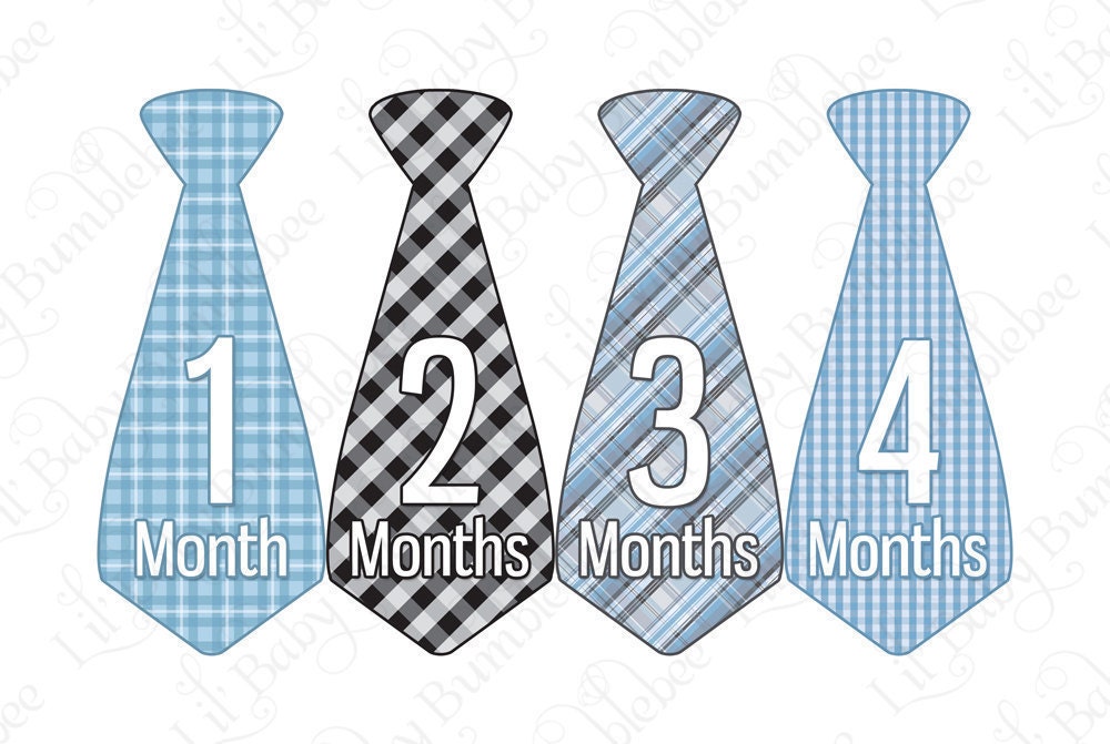Tie Monthly Onesie Stickers - Ivan - All Boy Gingham and Plaids in Blue, Gray, and Black - Baby Month Stickers