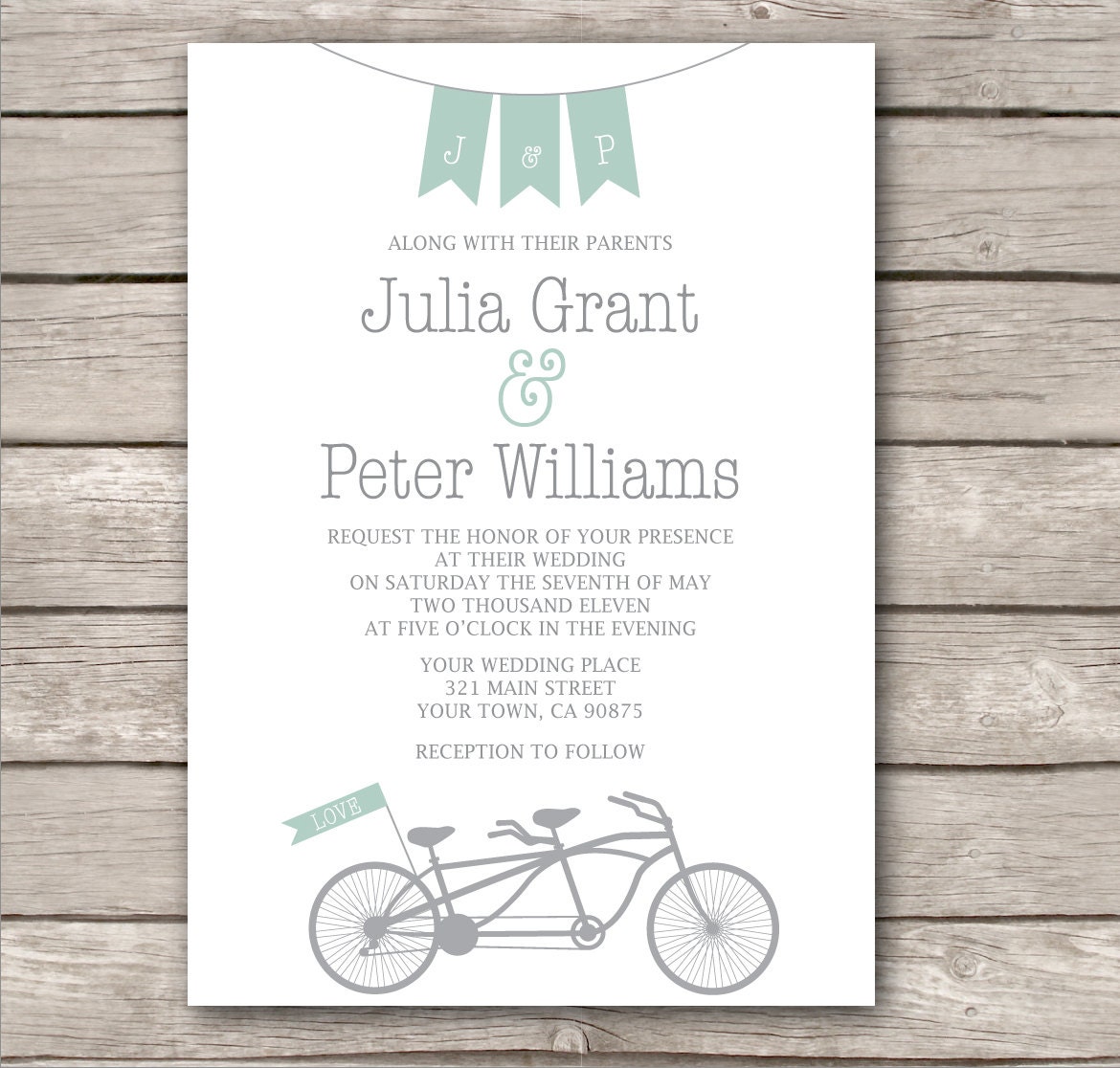 Tandem Bicycle Wedding Invitation and RSVP - Custom. bunting. modern