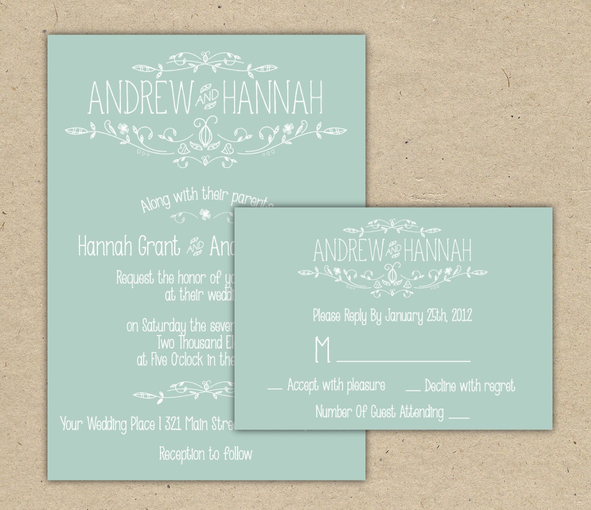 Modern Country chic Wedding Invitation and RSVP -Printable DIY. printed (1054-2)