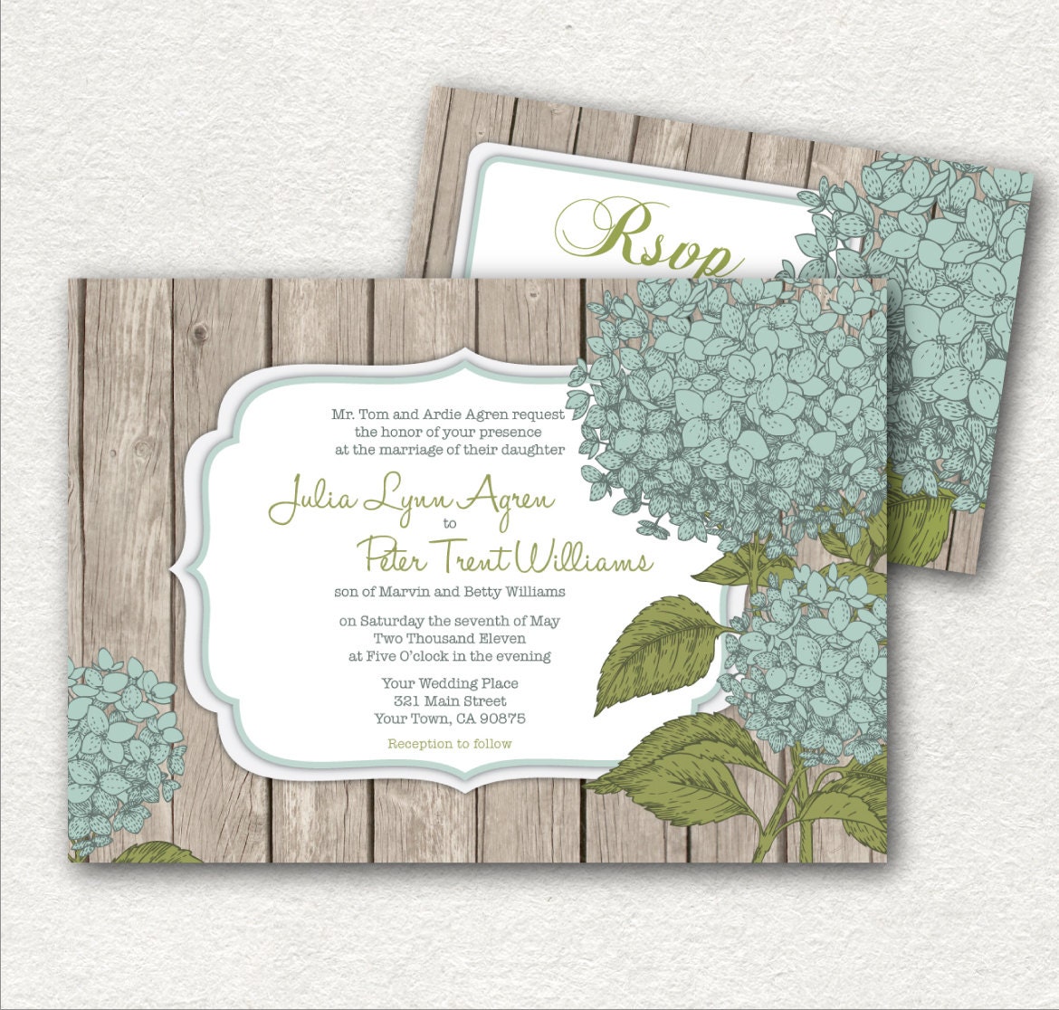 Rustic Wedding Invitations and RSVP - DIY Printable. Hydrangea and wood (1020)