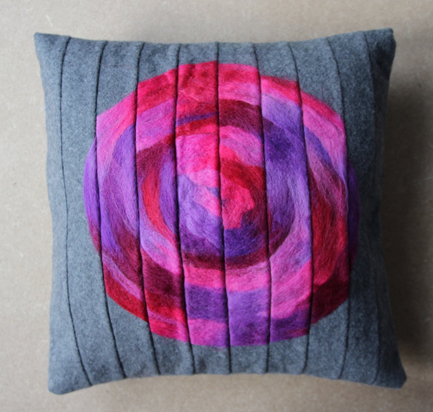 cushion cover pillow 16 x 16 decorative trow pillow in grey with pink & purple needlefelted wool rose appliqued 40 x 40 cm