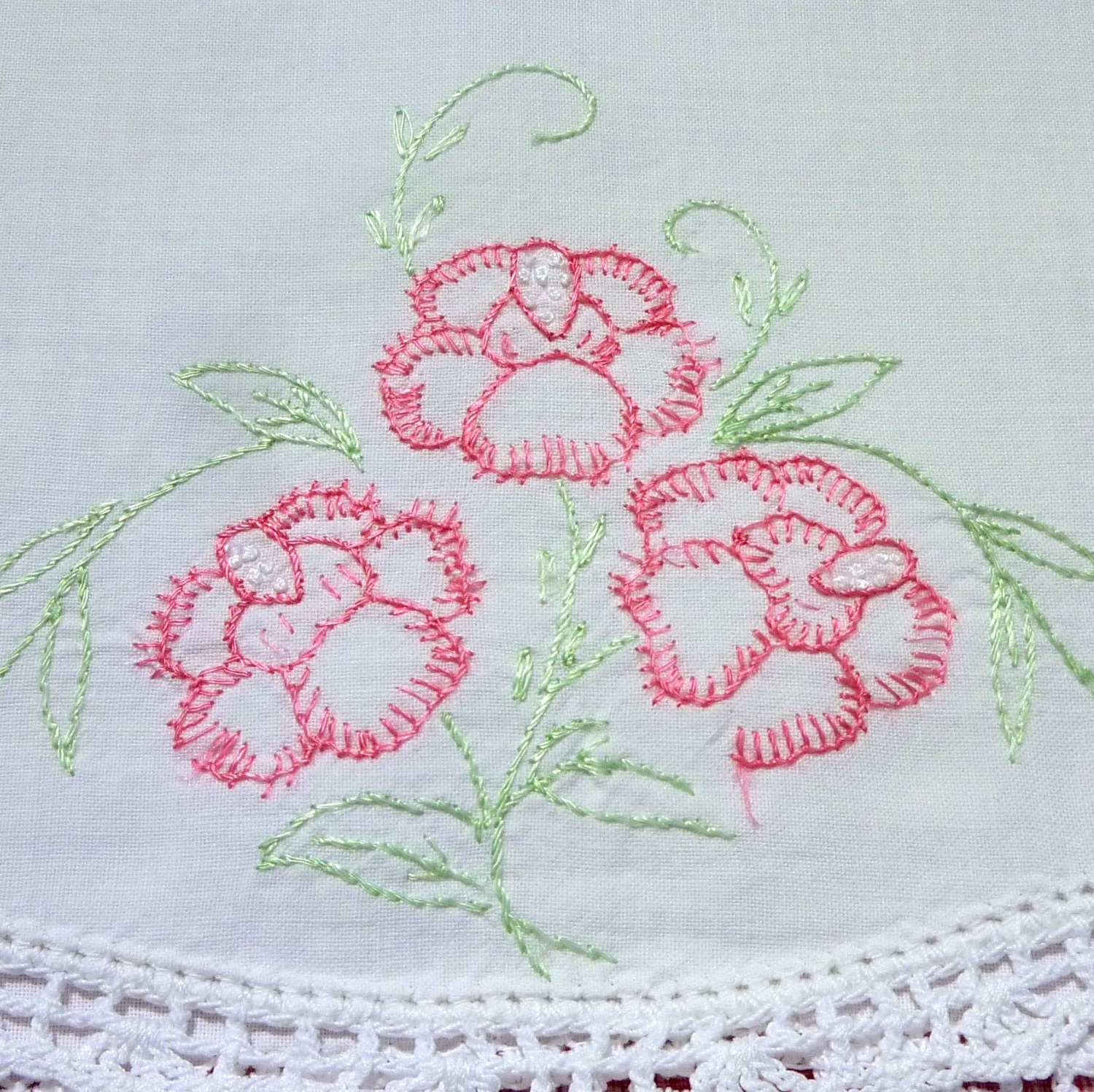 Floral Embroidered Vintage Pillowcase-  Pink Sweet Peas or Poppies - White Crochet Lace