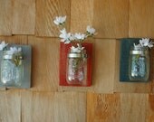 PICK YOUR COLORS Three Mason jars mounted on recycled wood shabby chic rustic wall decor in your choice of colors