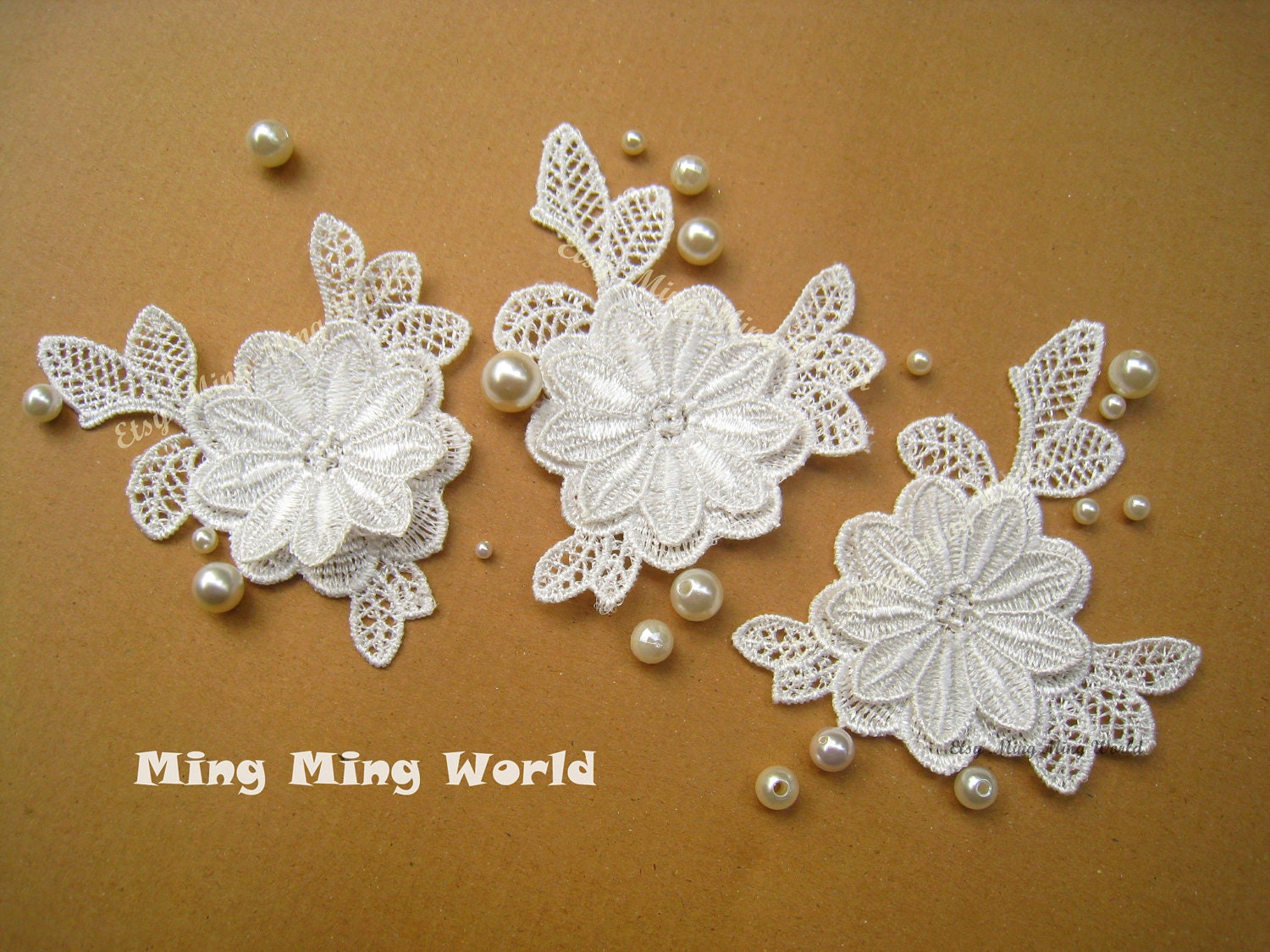 Venice Lace Applique -3 pcs Ivory Flower Applique Lace Trim