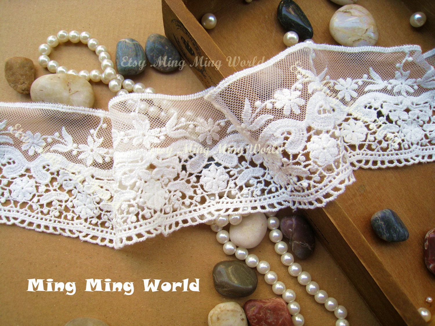 Cotton and Net Embroidered Lace -2 Yards Ivory Vintage Japan Style Flower Lace Trim