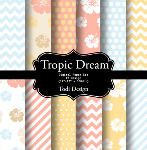 Tropic Dream- Coral, Yellow and Aqua Digital Paper Set Il_570xn