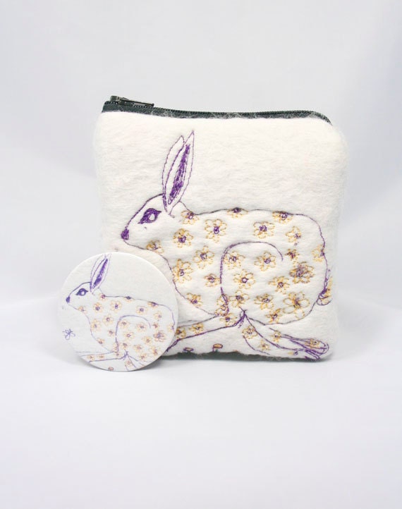 Embroidered Running Hare Felted Change Purse with Mirror