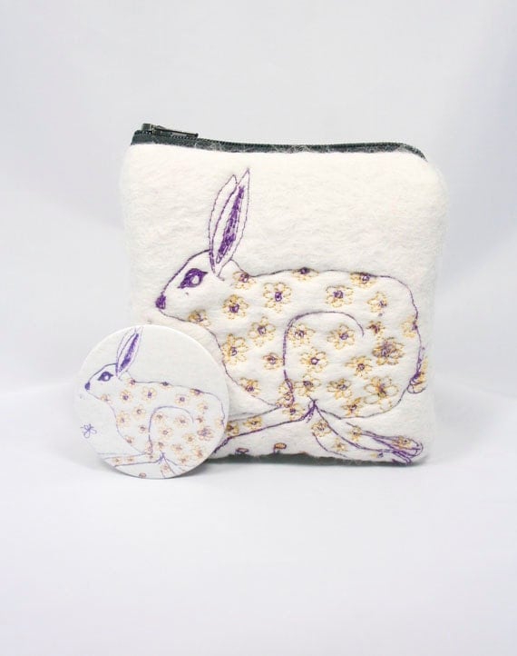 Embroidered Running Hare Felted Change Purse with Mirror