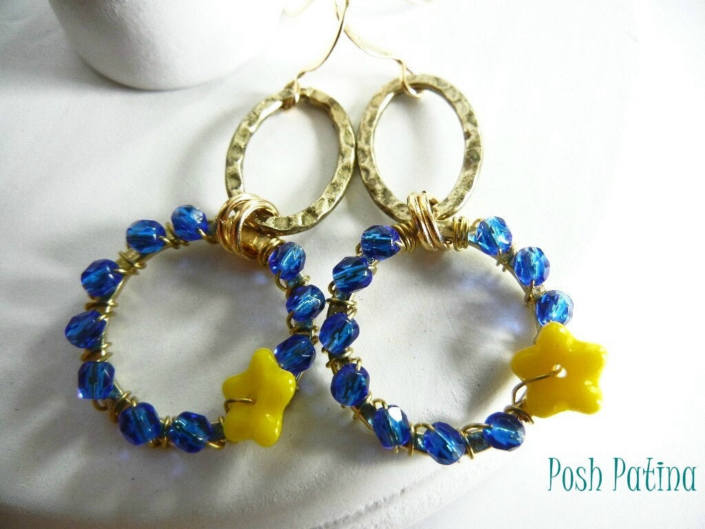 Blue and Yellow Earrings, Hoop, Flower Earrings, Beaded, Wire Wrapped, Nautical, Gift for Her