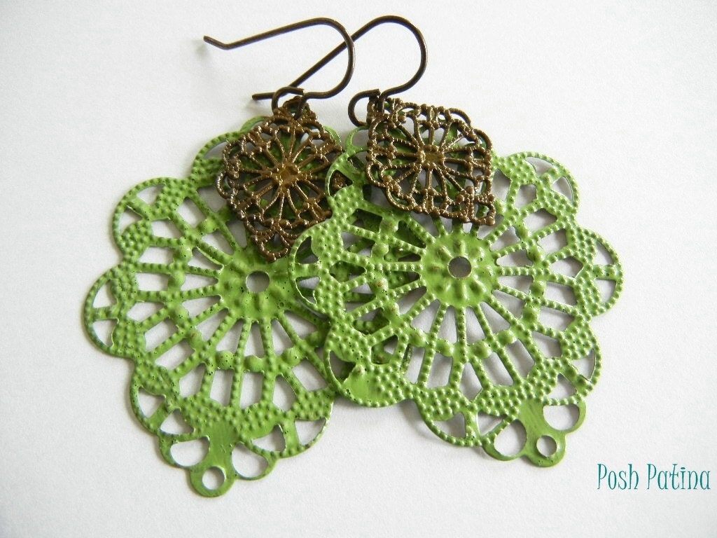 Rustic Simplicity - Grass Green Enamel Filigree Earrings