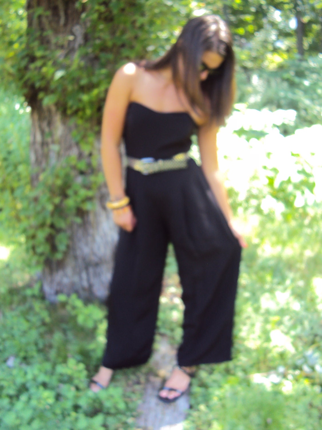 RESERVED for Janelle - vintage 80s Black Jumpsuit S, M - Strapless Jumpsuit Dress - Designer