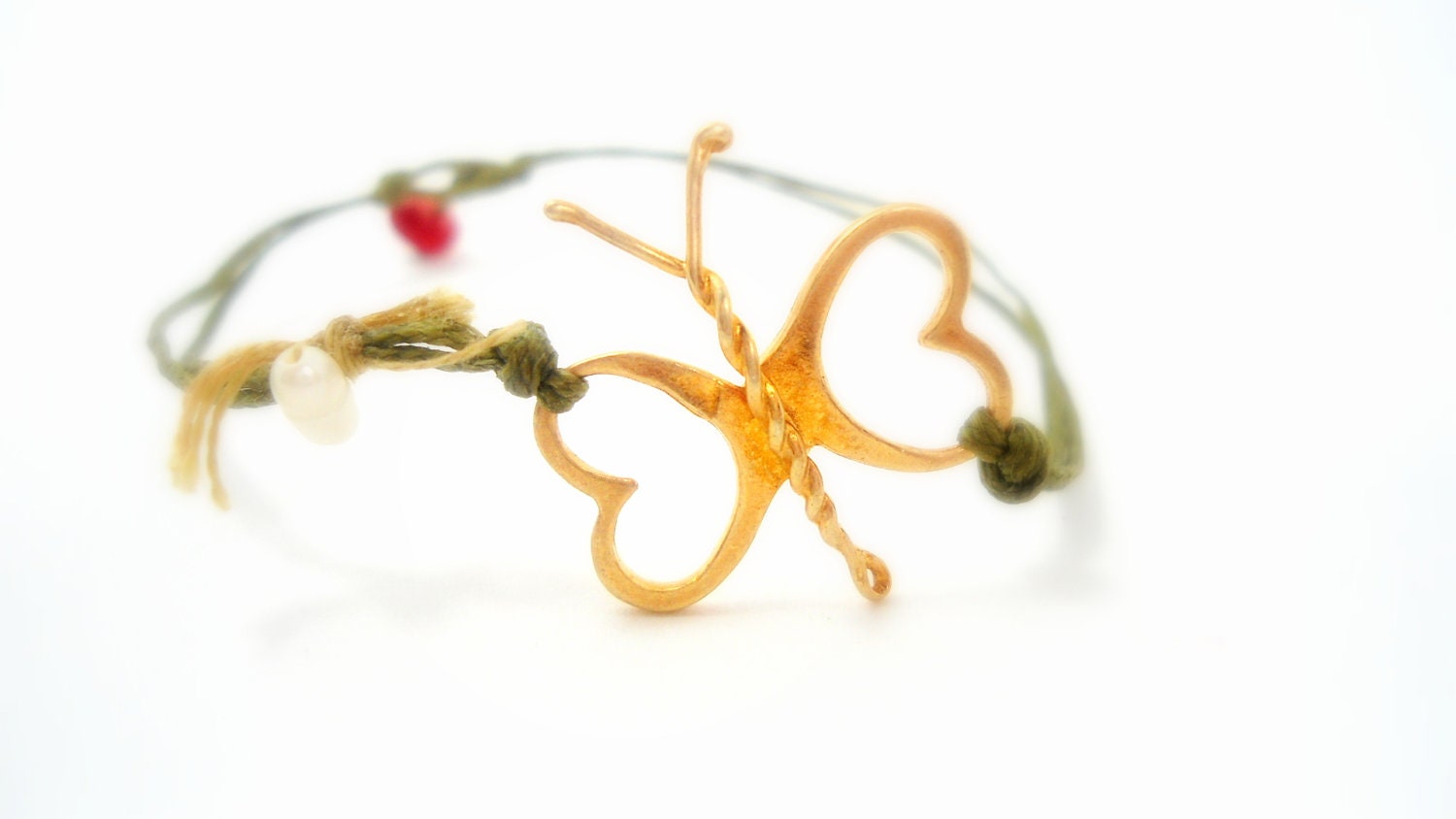 bracelet with golden butterfly, pearl and silk in combination on cotton thread,red coral,green - SweetLakeJewelry