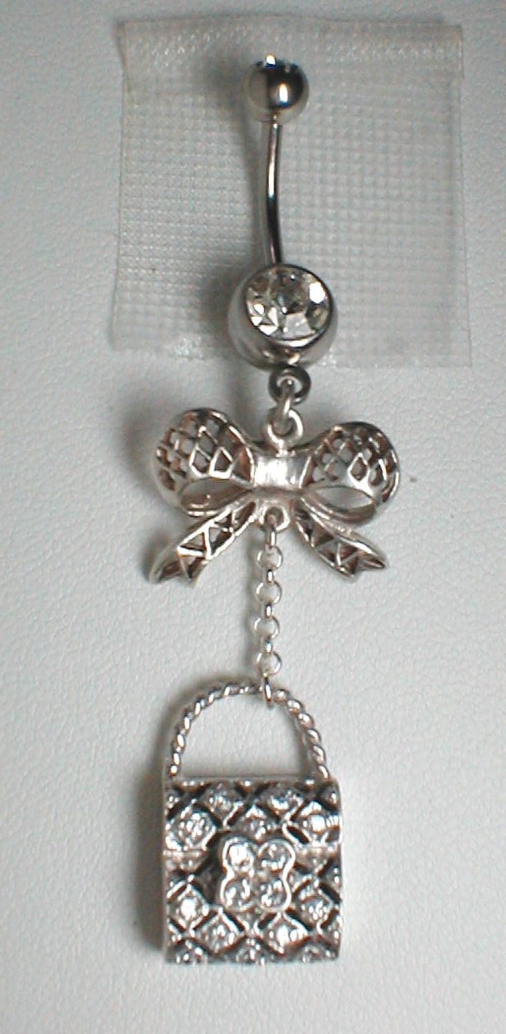 Unique Belly Ring - Sterling Silver Bow and Pocketbook w/ cz's