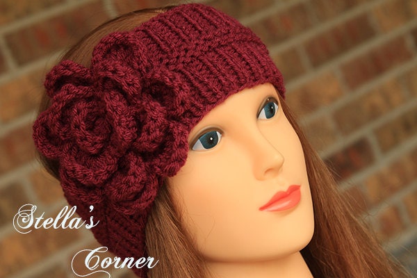 Knit Crochet Headband, Dark Red Flower Headband, Knit Headband, Knitted Headband, Winter Earwarmer, Crochet Headband