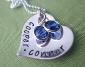 Mommy of 2 Heart Necklace - Personalized Mom Necklace - Sterling Silver - 2 Birthstones & 2 Names - Hand Stamped Jewelry