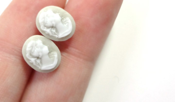 Tiny White and Gray Cameo Earring Posts - Glamour365