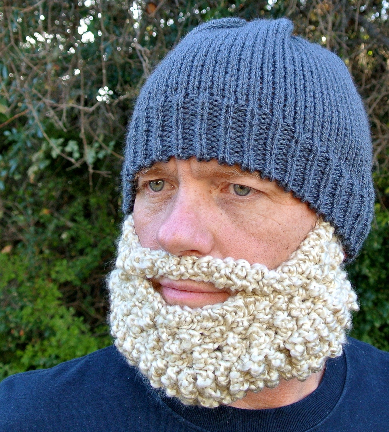 Knit Beard Beanie Hat - Blue Hat, Crocheted Blonde Beard