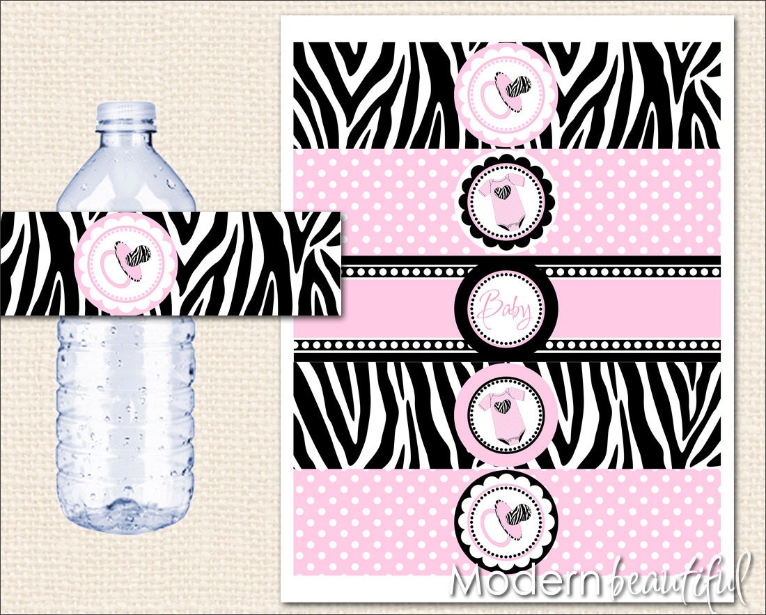 Zebra Baby Shower Printable Water Bottle Labels Black and Pink Zebra Chic Il_170x135