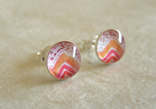 Pink Chevron Post 925 Sterling Silver Earrings 8mm Bezel