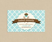 Printable Business Card Baked Sweetly Cupcake Soft Blue Badge and Tile Pattern