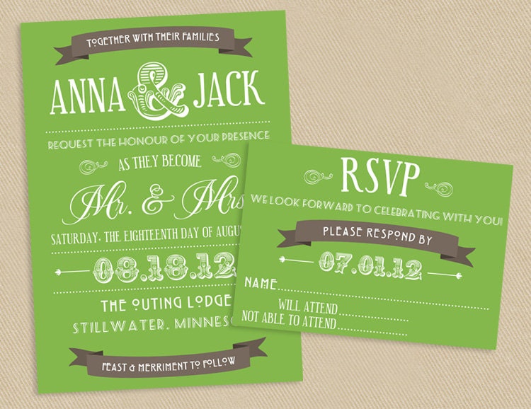 Printable Wedding Invite and RSVP Invitation Set - Green Typographic Poster Style - Banner