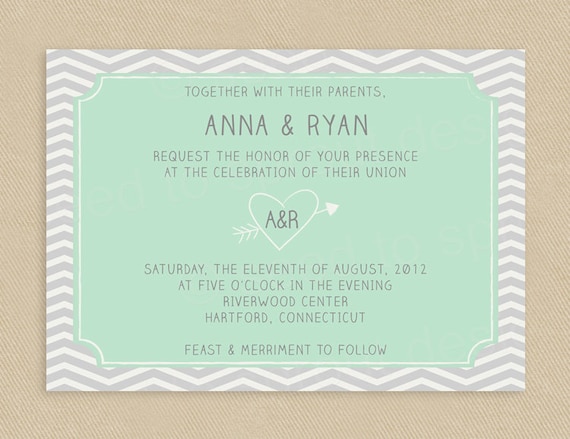Printable Wedding Invitation 5x7 Grey Chevron and Mint