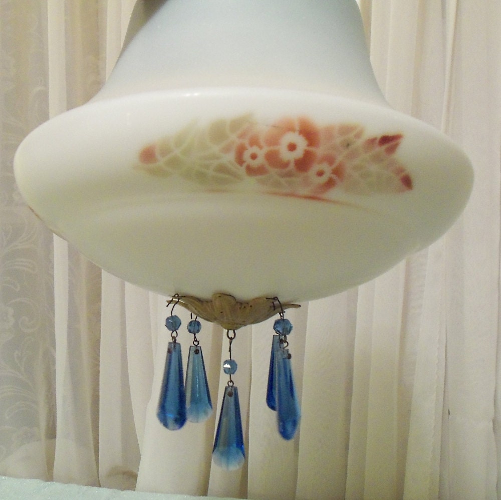 Vintage Light Cover, 1920s Ceiling Globe Fixture, Frosted Glass, Powder blue n white, Flowers with blue crystal dangles