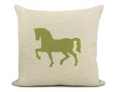 French country home decor, Rustic, 16x16 decorative throw pillow - Horse pillow cover in apple green and natural beige with damask back