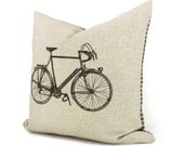 Bike pillow, Decorative pillow cover, Retro modern decor, 16x16 pillow cover - Brown bike print on natural beige canvas and houndstooth back