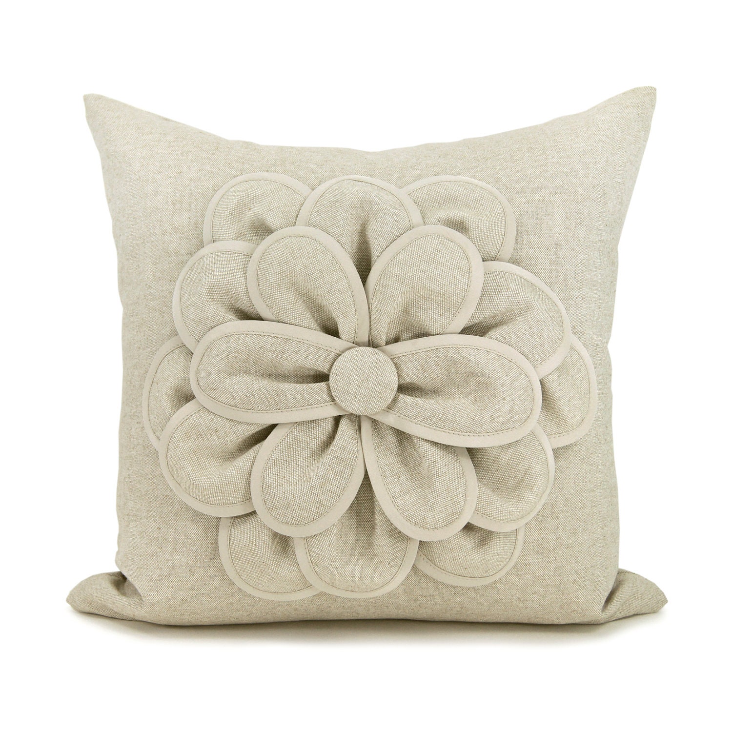 Decorative pillow cover, Flower pillow cover,  Natural pillow cover,  Rustic home decor - Flower applique pillow cover in 16x16