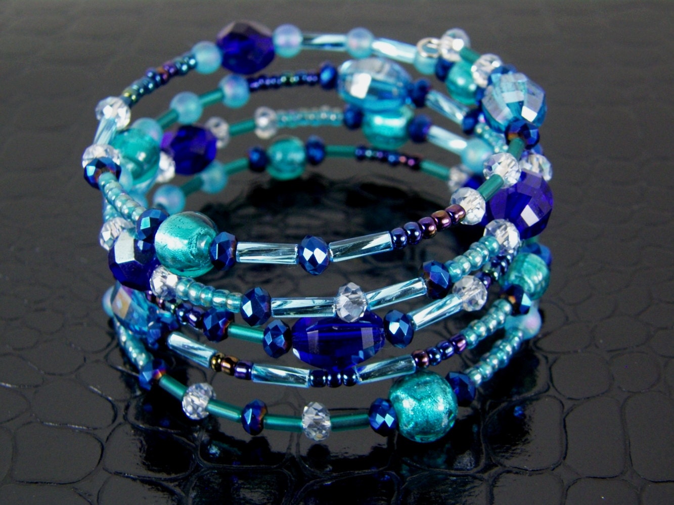 Blue Memory Wire Bracelet for Women Crystal Blue Cuff is Hand Made