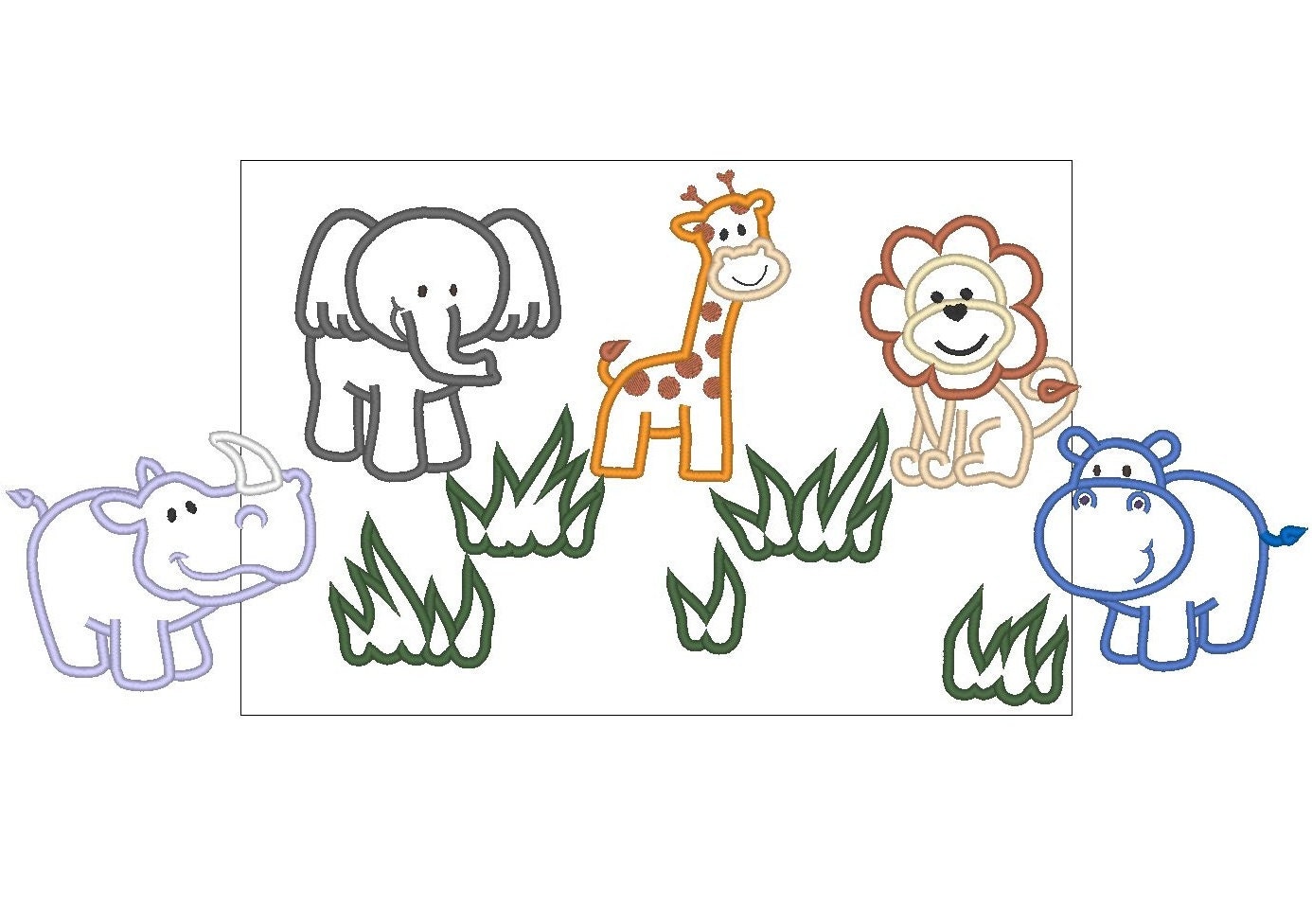 New Wild animals - Elephant, Giraffe, Rhino and Behemoth - machine embroidery applique design - for hoop 4x4, 5x7, 6x10