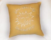 Decorative pillow "You Are My Sunshine" 14x14 inch cushion upcycled Yellow linen with sun embroidery