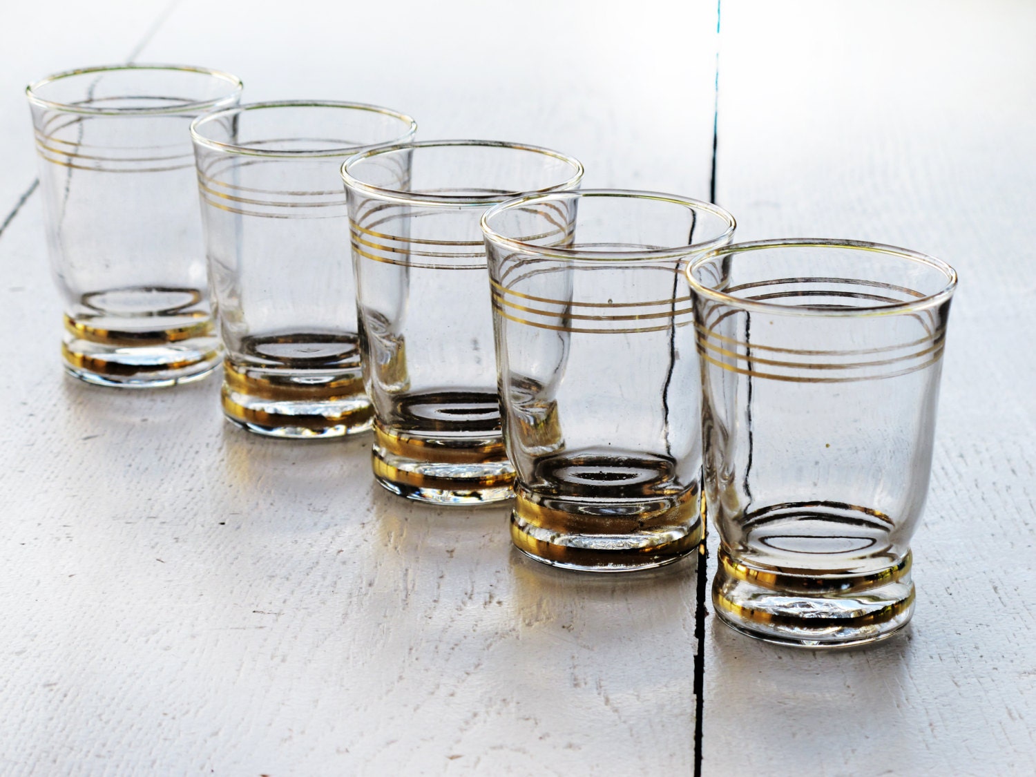 set of 5  french Vintage french design small glasses from the 50s, Appetizer Glass vwith gold highlight