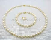 7mm aaa grade white akoya pearl jewelry set necklace 17",bracelet 7.5",stud earring 14k GF--wedding jewelry--bridesmaids gifts