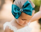 Teal Large Sweet Satin Bow with Square Crystal Button Center Baby Toddler Child Girls Headband