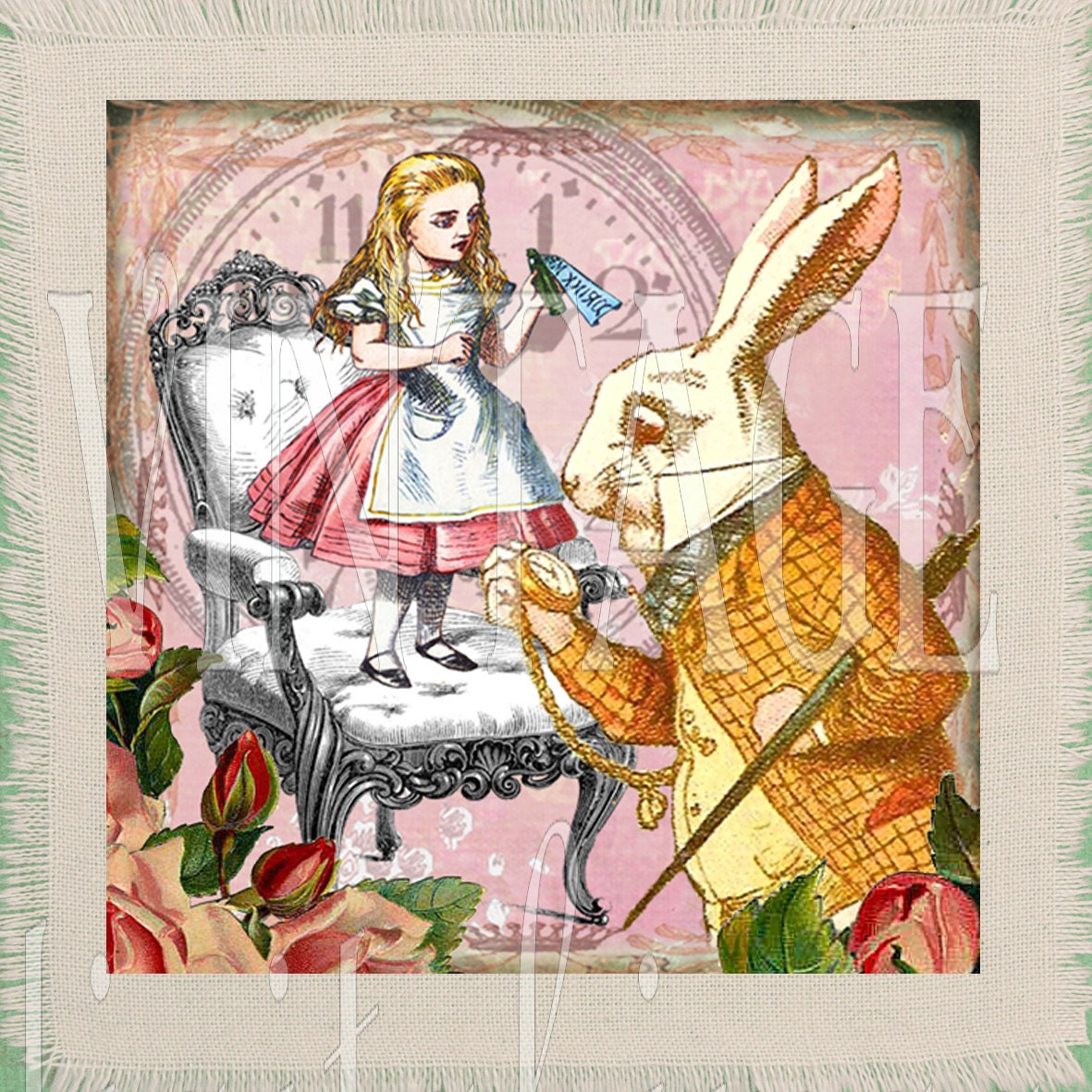 Quilting Square Alice in Wonderland Hand Printed Quilting Fabric for Patchwork. Cotton Fabric Square Quilt Block 4x4 inches. Design no:1