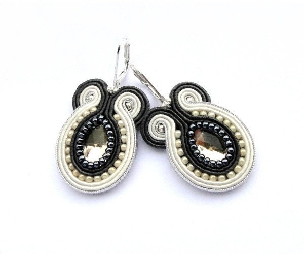 Pale yellow hand embroidered earrings grey ecru soutache earrings