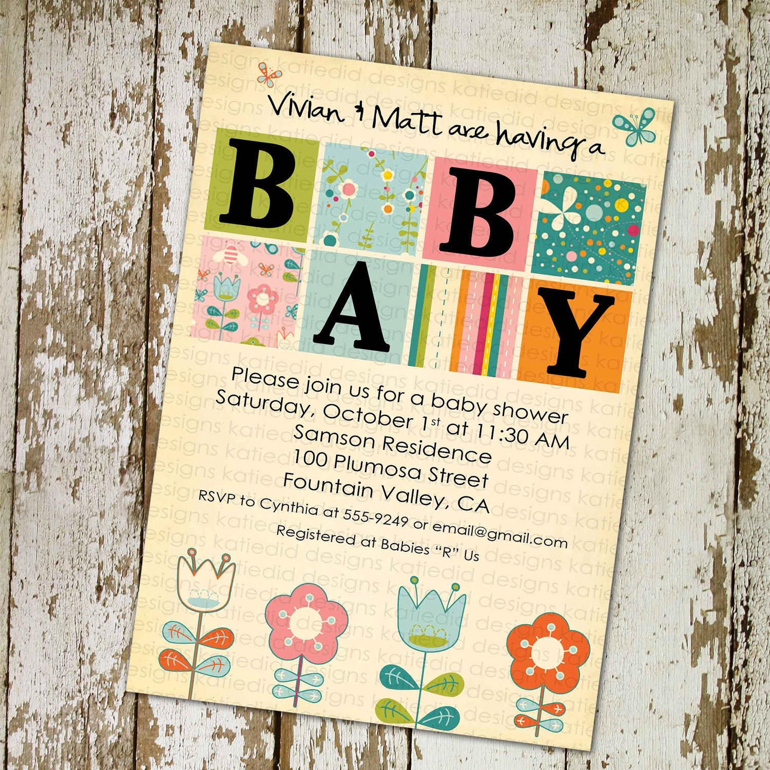 baby girl shower invitations with flowers and boxes, digital, printable file (item 1325)