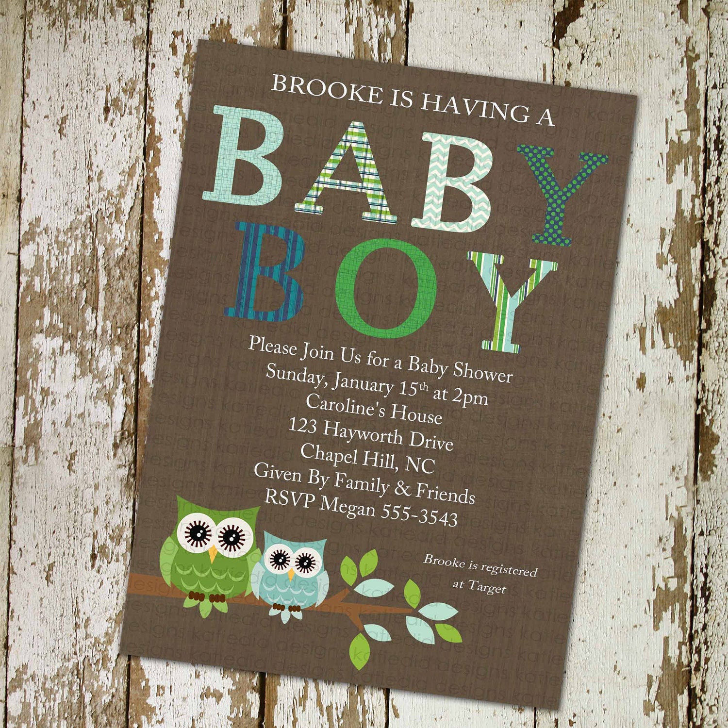 owl baby shower invitations with owls on branch, digital, printable file (item 123)