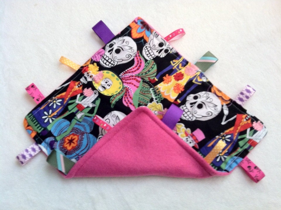 Taggie Tag Blanket Sensory Baby Toy/Security Blanket cotton & fleece 12 x 12 Dia de los Muertos