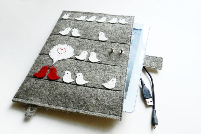 iPad Case-Kindle Cover-Handmade iPad Felt Cover- Custom Size with with  happy love red bird