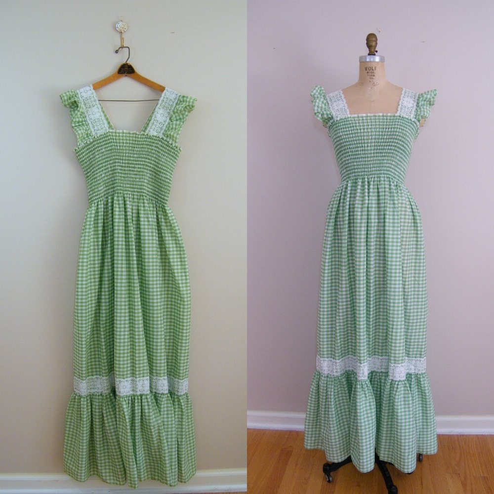 Vintage 1960s Maxi Dress / Green and White Gingham Hippie Dress