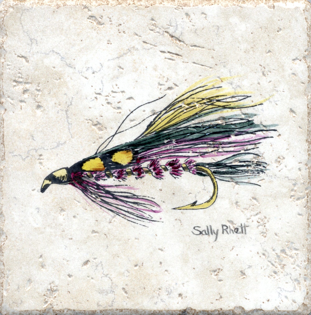 Rainbow Trout Fly Fishing Tile 6" x6" Sally Rhett Handpainted Porcelain Tile Fishing Flies