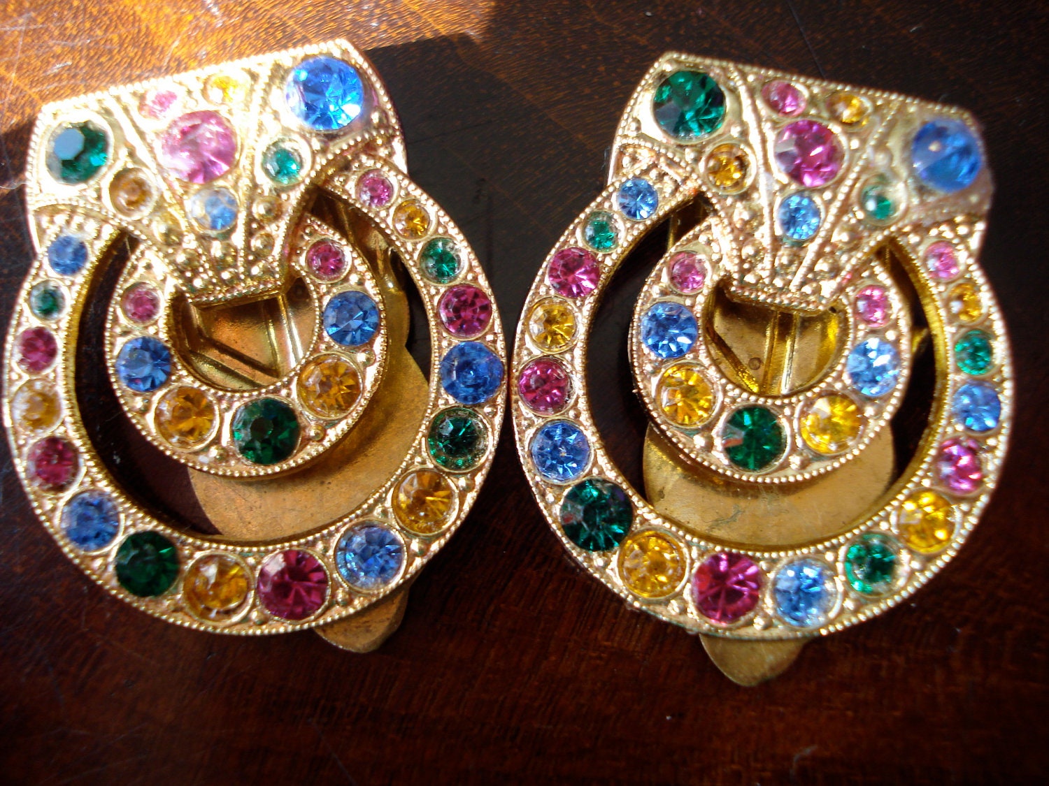 Pair of Dress Clips Art Deco Czech Multicoloured Rhinestones 1920's 1930's
