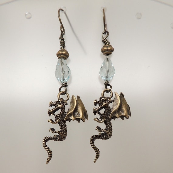 Bronze Dragon Earrings with Vintage Swarovski Crystals