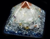 Orgone Energy Generator Crystal Peaked Pyramid .. Phenacite,  Rhodizite, Fluorite, Amethyst, Selenite, Tourmaline & Copper Nuggets
