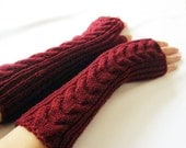 BURGUNDY LONG Fingerless Gloves, Merino Wool Mittens, Women Arm Warmers with cable pattern, Hand Knitted, Eco Friendly