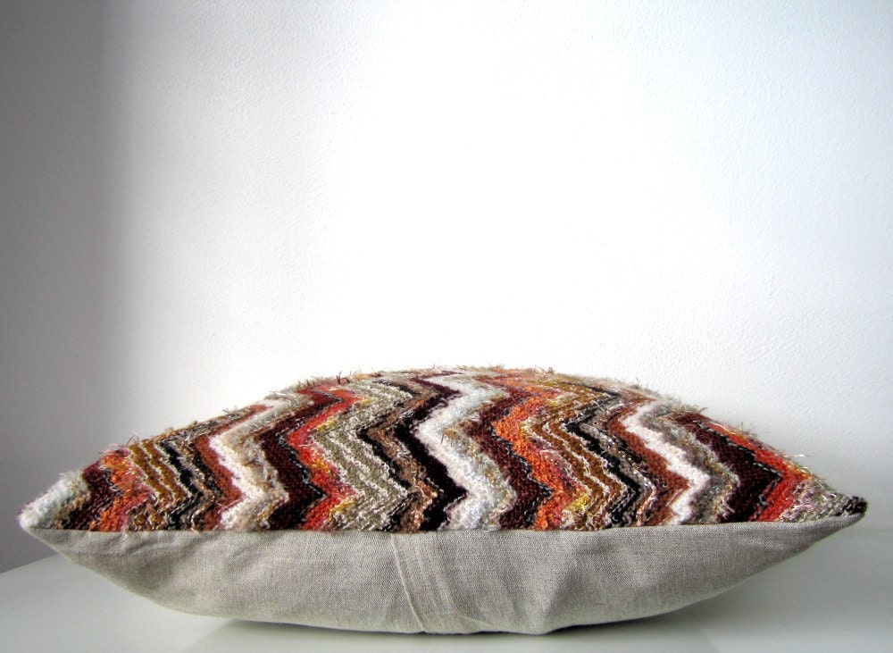 Decorative pillow: chevron stripe wool pillow in Missoni style zig zags, brown, orange and ivory, home decor luxury gift